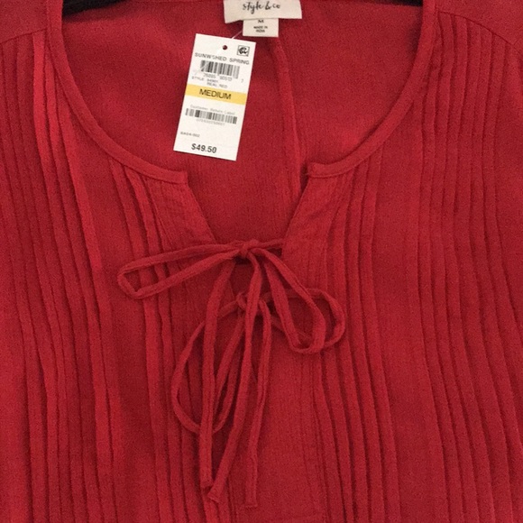 Style & Co Red Popover Blouse 3/4 Ruffle Sleeves Medium Front Tie New with Tags - Picture 8 of 12